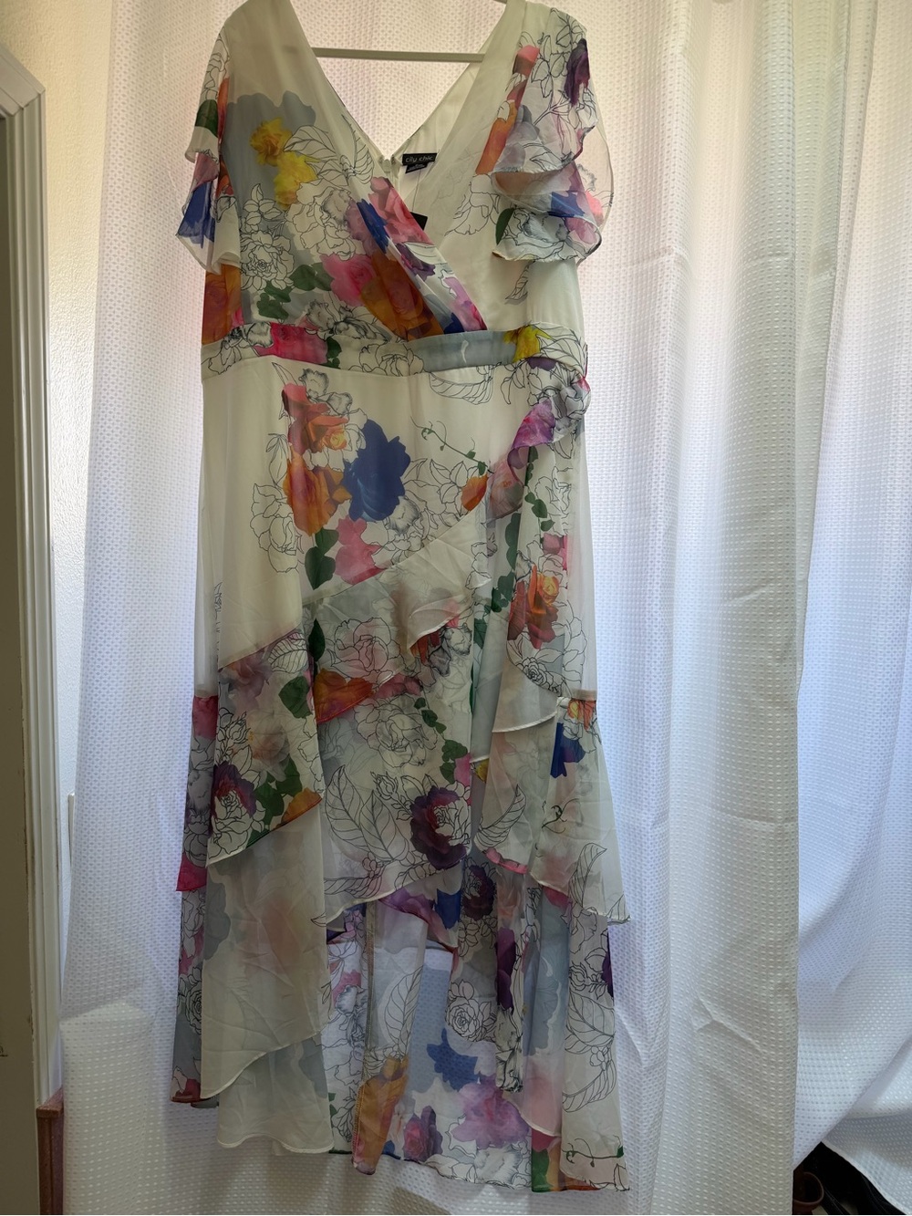 City Chic White Floral High-Low Chiffon Dress with Multicolor Print